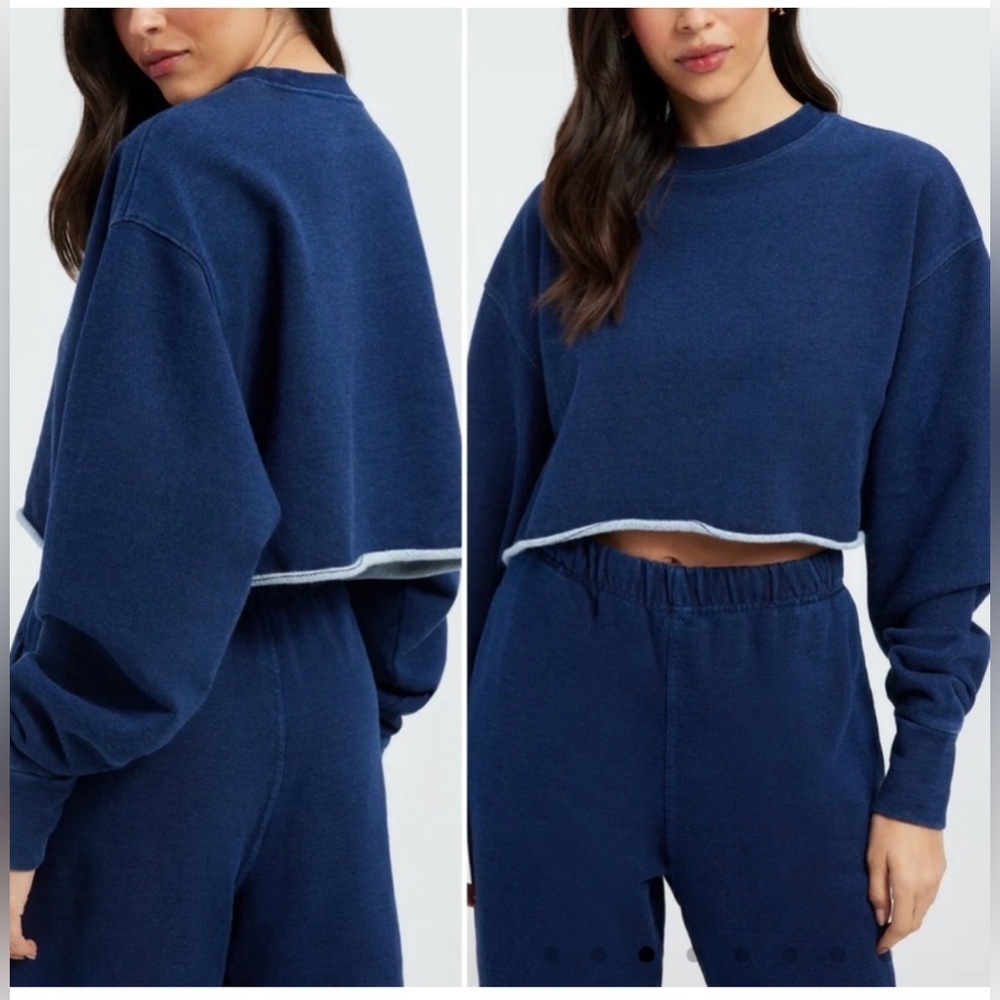 GOOD AMERICAN JEANIUS CROPPED Indigo Blue Terry Sweatshirt Top Size XS